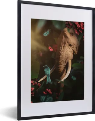 Produktbild von MuchoWow® MuchoWow® Gerahmtes Poster Elefant - Vogel - Schmetterling - Dschungel 30x40 cm - Poster mit zchwarzem Bilderrahmen - Wandposter Schlafzimmer