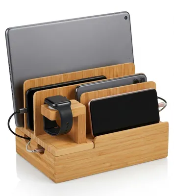 Image de Station de recharge Relaxdays pour Apple Watch, en bambou, H x L x P : 15 x 21,5 x 15 cm, support pour téléphone portable, support pour tablette, support pour montre, couleur naturelle