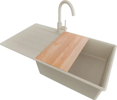 Produktbild von PRIMAGRAN Granitspüle Beige 90x50cm, Spülbecken 1 Becken + Küchenarmatur 32x20cm + Ablauf-Set + Schneidebrett, Küchenspüle ab 60er Unterschrank - Kopenhagen