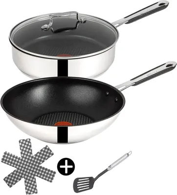 Produktbild von Tefal Pfannen-Set Jamie Oliver E30 Pfannen Set Wok 28cm + Schmorpfanne mit Deckel 25cm, Edelstahl 18/10 (Inkl. 1 Wender & Filzschoner, 5-tlg.)