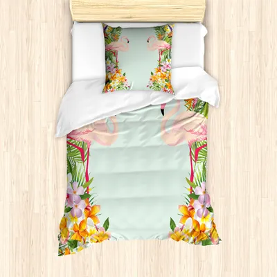 Produktbild von ABAKUHAUS Flamingo Bettbezug Set für Einzelbetten, Tropische Blumen Tiere, Milbensicher Allergiker geeignet mit Kissenbezug, Babyblau Mehrfarbig