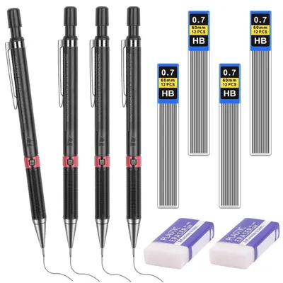 Obrázek produktu pro Sada mechanických tužek 0,7 mm, černá, 4 kusy, včetně 48 náplní HB a 2 gumek