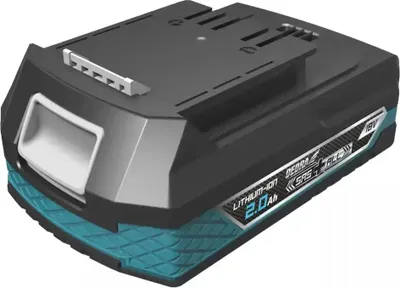 A product shot of a cordless power tool battery.