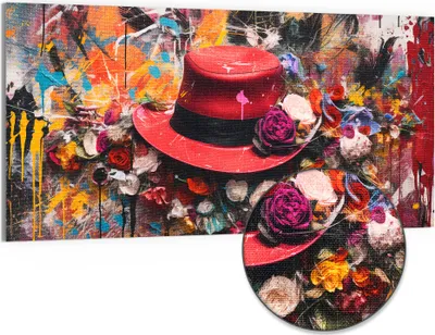 Produktbild von DEQORI Hybrid Leinwand Bild 100x50 cm 'Roter Hut im Blütenrausch' Wandbild Glas flach modern