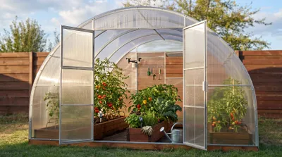 Produktbild von Gewächshaus "Sigma" 4x10m mit 4mm Polycarbonat. Doppeltüren auf jeder Seite.