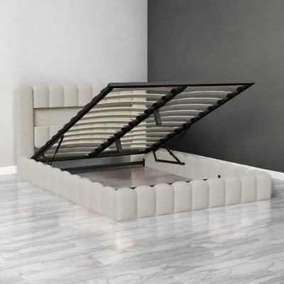 Produktbild von Fortuna Lai Polsterbett 140x200 cm, LED, USB, Stauraumbett mit Lattenrost, Jugendbett aus Leinen, Beige