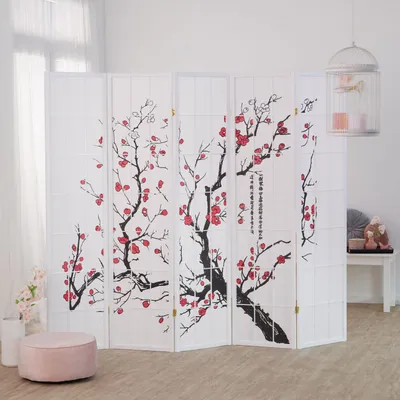 Obrázok produktu pre Homestyle4u Paravan, 5-dielny, drevo, ryžový papier, biely, vzor čerešní, výška 179 cm, do interiéru