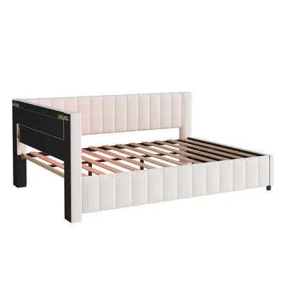 Produktbild von Merax Schlafsofa Tagesbett 140x200cm, L-förmig, Polsterbett mit Samtstoff, USB und LED-Licht, Gästebett Kopfteil und stabilem Bettrahmen, Beige
