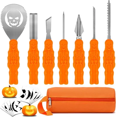 Produktbild von COOLUCK Kürbis Schnitzset mit Vorlagen - 7 Stück Halloween Schnitzwerkzeug Kürbis Carving Set mit Tragetasche und 10 Stück Schnitzvorlagen, DIY Kürbis Schnitzen Tool für Erwachsene und Kinder