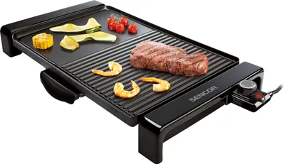 Obrázok produktu pre SENCOR SBG 106BK príkon 2300 W, možnosť grilovania bez pridania oleja, 2 grilovacie plochy - rovná a rebrovaná, termostat, Keep Warm preudržiavanie teploty