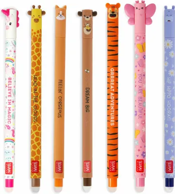 Produktbild von Legami Erasable Gel Pen Set, 7-tlg., löschbare Gelstifte, Gelschreiber, Einhorn, Nilpferd, Schmetterling, Corgi, Tiger, Giraffe