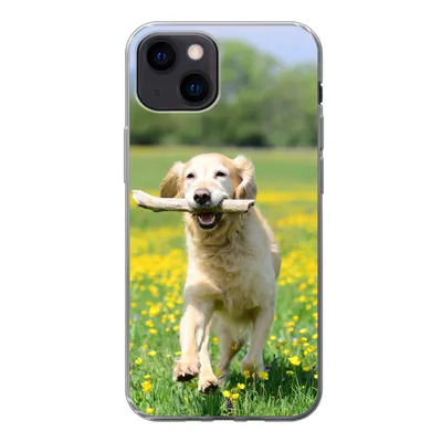 Produktbild von MuchoWow® Handyhülle Schutzhülle Hülle für iPhone 13 mini Golden Retriever mit einem Zweig im Maul zwischen gelben Blumen Silikon Softcase Handy Hülle - Softcase