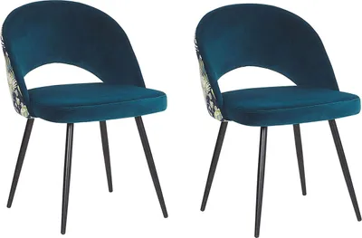 Two blue upholstered chairs with black metal legs and a floral pattern on the sides, set against a white background.