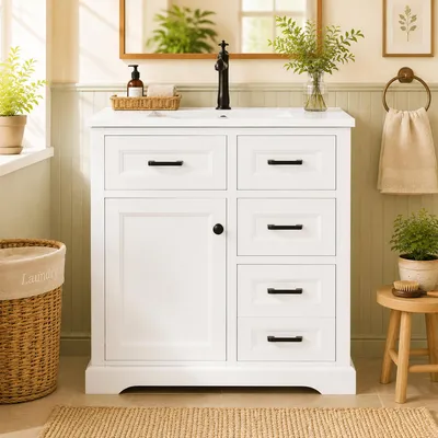 Produktbild von Waschtischunterschrank mit Keramikwaschbecken Badmöbel Set Waschbeckenunterschrank Bodenstehend Badschrank mit Schubladen Weiß 76x47x82cm
