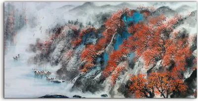 Produktbild von Coloray Glasbild 140x70  Wandbild Glasbilder Malerei Berg Chinesisch traditionell