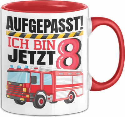 Produktbild von 8. Geburtstag Geschenk Tasse Becher Jungs Feuerwehr Aufgepasst Ich Bin Jetzt 8 (Rot)