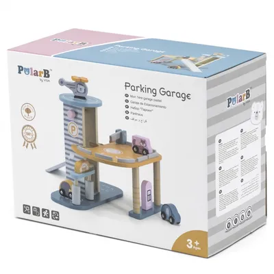 Produktbild von vigatoys PolarB Parkhaus mit Hubschrauber & Autos, Holz, Polar-Farben, 39,5x27,5x25 cm, ab 3 Jahren