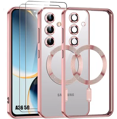 Image de Coque + 2 Verres Trempés pour Samsung Galaxy A36 5G, Silicone Souple avec Cercle Magnétique Protection Caméra - Rose