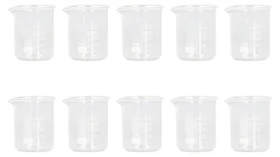 Obrázok produktu pre Odmerné poháre, 10 kusov, objem 50 ml, vyrobené z borosilikátového skla s odmernou stupnicou