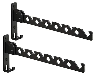 Produktbild von Zweiteiliges Wandregal mit klappbaren Kleiderhaken, klappbare Aluminiumhaken, Wäscheständer, schwarz, 180° drehbar, geeignet für Balkon, Waschküche und Badezimmer.