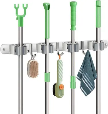 Image de Support mural en acier inoxydable pour 4 outils de jardinage avec 3 crochets, idéal pour la cuisine, le garage et le jardin