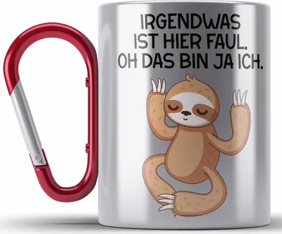 Produktbild von Trendation - Faultier Grafik Edelstahl Tasse Karabiner Lustiger Spruch BüroEdelstahl Tasse Karabiner mit Spruch Geschenk Kollege Kollegin Faul (Rot)