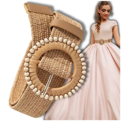 Immagine prodotto di Camerazar Cintura di paglia beige con perline, elastico in vita, lavorata a maglia.