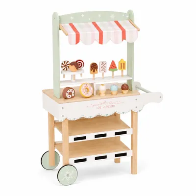 Zdjęcie produktu dla Lodziarka dla dzieci wykonana z drewna firmy GINGER HOME, mały mobilny sklep, MDF, wymiary 44/57 × 28 × 95,5 cm, zabawka edukacyjna Montessori