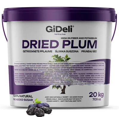 Zdjęcie produktu dla Suszone śliwki 20 kg, bez pestek, niesłodzone, wegańskie, czysty produkt, idealne jako przekąska, do musli. GiDeli