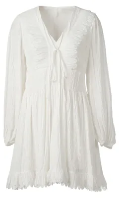 Produktbild von Weißes Boho-Kleid Größe L mit V-Ausschnitt, Bischofsärmeln und Stickereien