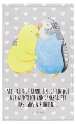 Produktbild von Mr. & Mrs. Panda Wandbild Wellensittich Liebe - Grau Pastell - Geschenk, Verknallt, Tapisserie, Freundin, Wandtuch, Gobelin, Vögel, Wandteppich, Kuscheln, Boho