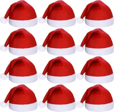 A grid of 12 red Santa hats with white trim and pom-poms, arranged in four rows of three.