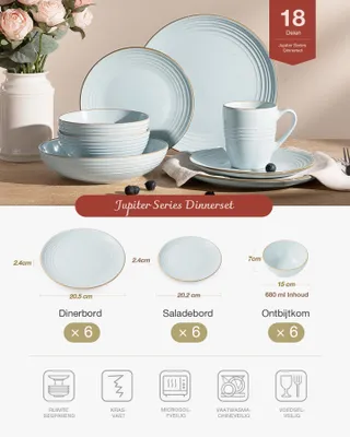 Imagen del producto de Juego de 18 piezas en color azul claro, que incluye platos y cuencos, ideal para la cocina y el jardín