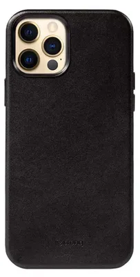 A black leather phone case for an iPhone 12 Pro Max, showing the back of the case with the camera cutout.