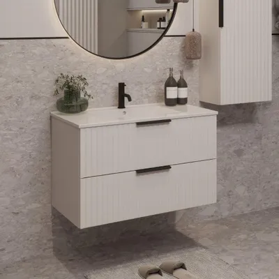 Produktbild von Waschbeckenunterschrank TIBU mit Waschbecken Badezimmer 2 große Schubladen Softclose Badmöbel Weiß Matt 80x50x46