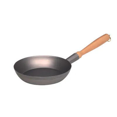 A single frying pan with a wooden handle is shown against a white background.