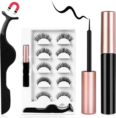 Produktbild von Magnetische Wimpern mit Eyeliner, 5 Paare 3D Dicke Lange Künstliche Falsche Eyelashes, Natürlich Magnet Wimpern Eyeliner Set mit Zange, Wasserdicht und Wiederverwendbar