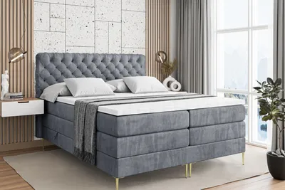 Produktbild von ALTDECOR Boxspringbett mit Gold Füßen, Matratze und Lattenrost, Topper, Polsterbett mit Bettkasten, Bett mit Stauraum H3- und H4- Matratze, Doppelbett -BOXI8-FZ KING-140x200 - Grau Casablanca
