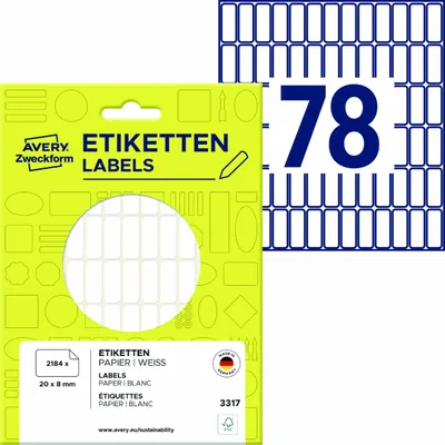 Produktbild von Avery Zweckform 3317, Vielzweck-Etiketten, 20 x 8 mm, 2.184 Etiketten / 28 Bögen, Weiß