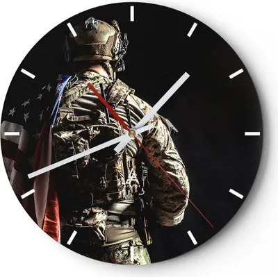 Produktbild von Wanduhr - Rund - Glasuhr - Soldat Armee - 30x30cm - Schleichendes Uhrwerk - Lautlos - zum Aufhängen bereit - Dekoration Modern - Wanddekoration aus Glas - C3AR30x30-4064