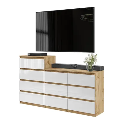 Produktbild von Kommodenset Wotan Eiche / Weiß Hochglanz mit 10 Schubladen (6+4) – Großes Sideboard Set für Schlafzimmer & Wohnzimmer – GABRIEL