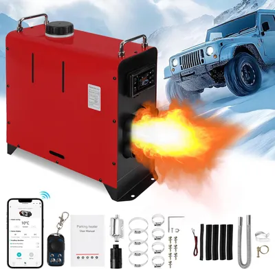 Obrázek produktu pro Peviasot Dieselová parkovací topení, vzduchové topení, 12/24 V, 8 kW, 4 výstupy. Dieselové topení, vzduchový ohřívač s Bluetooth aplikací, LCD displejem a dálkovým ovládáním. Barva: červená
