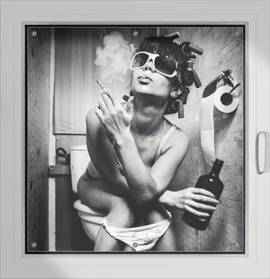 Produktbild von Wallario Lichtschutzbild, Dekorativer Sichtschutz Sonnenschutz 96 x 100 cm mit Motiv: Kloparty - Sexy Frau auf Toilette mit Zigarette und Schnaps - Verdunklung ohne Bohren