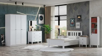 Image de Chambre de jeunes moderne : lit, tables de chevet, armoire, commode, étagère
