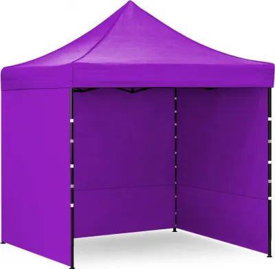 A purple pop-up tent shown from the front, with two sides and the roof visible. The tent is empty.