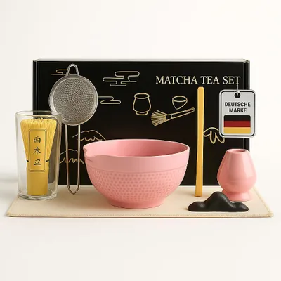 Produktbild von Roxlin Matcha Set Tea (7-teilig) Keramik, Bambus Matcha Schneebesen, handgemachte Schale, Sieb & Zubehör - Rosa