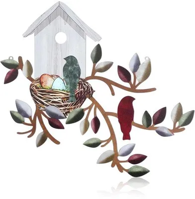 Imagen del producto de Ibenzoa® Decoración de pared metálica con motivos de pájaros, árbol y caseta para pájaros. Resistente a la intemperie, con colores duraderos y fácil de colgar. Ideal para interiores y exteriores, aproximadamente 30 x 27 cm