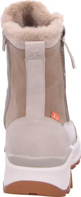 Rear view of a beige and cream winter boot with a high sole.