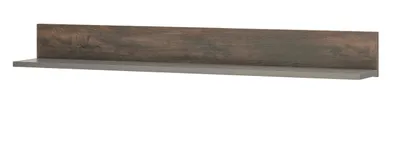 A long, narrow shelf with a wood-grain front and a gray base, presented against a white background.