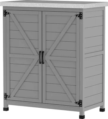 Produktbild von Gartenschrank mit Ablage und Werkbank aus Holz und Stahl, 79 x 43 x 92 cm, Grau